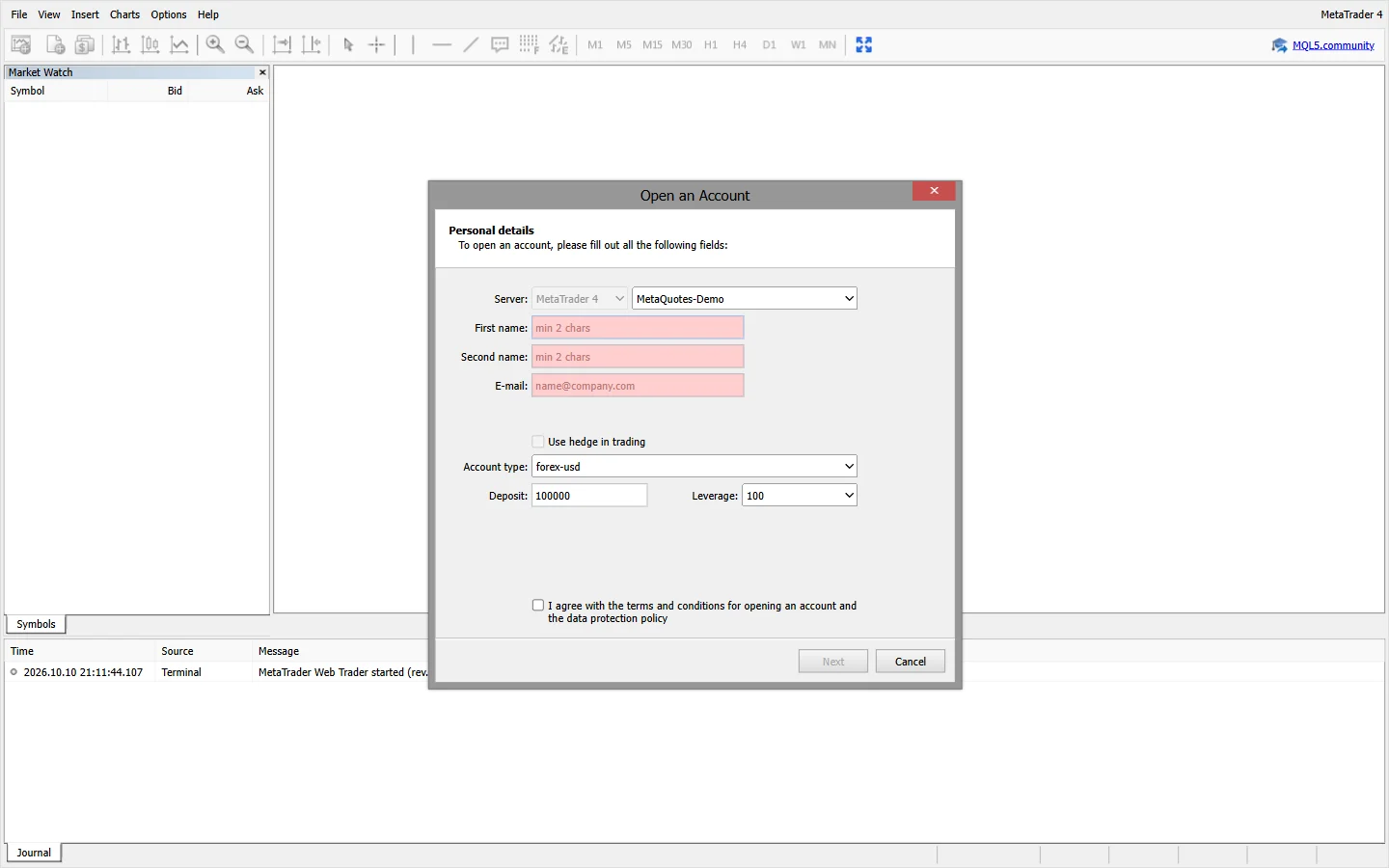 Opening a demo account in the MetaTrader web terminal